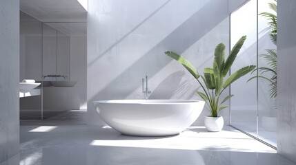 Fototapeta premium A large white bathtub sits in a bathroom with a large window and a potted plant