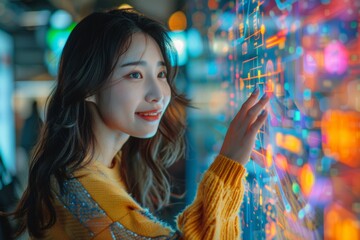 A woman interacts with cutting-edge holographic technology, manipulating a vibrant virtual 3D interface with her hand in a colorful, illuminated digital environment.