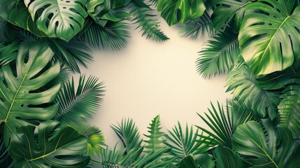 Fototapeta na wymiar White frame on a background of tropical green leaves with place for text, invitation or banner