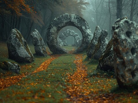 Druidic Circles Standing Silent in a Forest Clearing The stones blur into a sacred space