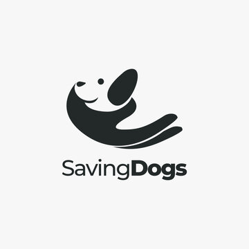 Dog care logo, pet care logo, animal care logo vector, with negative space hand holding dog on white background