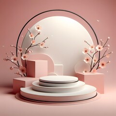 3d render, abstract minimal geometric forms. Glossy golden podium with cherry blossom flower generated by ai