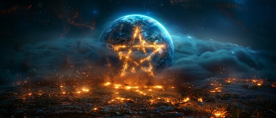 Wiccan Pentacle Embraced by a Circle of Natures Elements The starry symbol blurs into the earth - obrazy, fototapety, plakaty