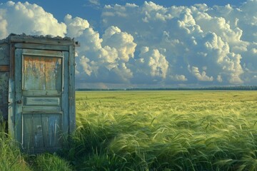 A mysterious door stands alone in a field of lush grass, inviting curiosity and wanderlust in this surreal painting. - obrazy, fototapety, plakaty