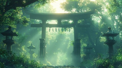 Shinto Shrine Torii Gate Framing a Peaceful Forest The traditional structure blends with nature