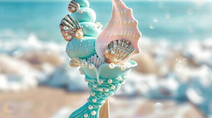 A mermaid tail ice cream on a stick decorated with shells and pearls. - obrazy, fototapety, plakaty