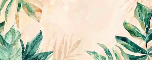 a pastel peach and green watercolor tropical leaves border on beige background, flat design