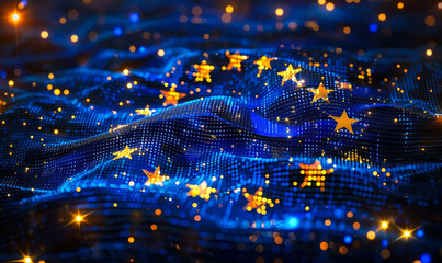 Shimmering European Union flag made of abstract flowing blue particles and golden stars, representing digital connectivity, innovation and unity across Europe in the cyber age