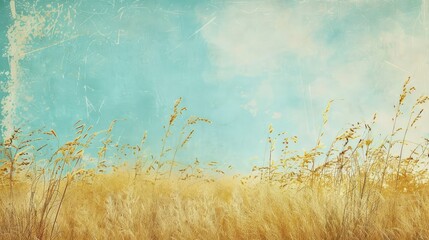 Abstract background with sky and grass field, blue, beige, yellow colors, vintage paper texture