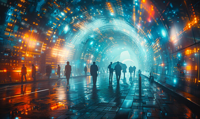 Silhouettes of Urban Citizens Walking Through a Virtual Data Tunnel Representing Data Privacy Challenges