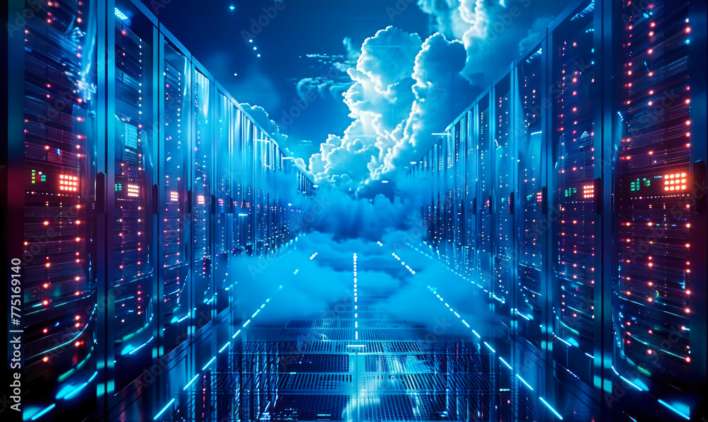 Poster futuristic data center with rows of server racks under a glowing, cloudy sky concept of cloud comput