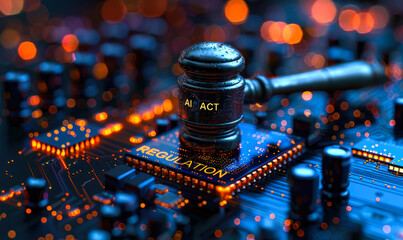 AI Act Regulation: Gavel on circuit board amid glowing orange lights, representing the intersection of artificial intelligence technology and legal regulation - obrazy, fototapety, plakaty