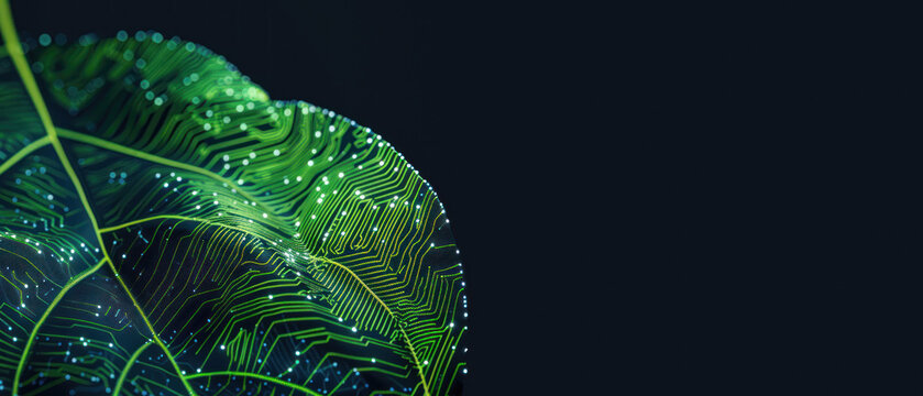 Horizontal image of a leaf-like structure with a glowing green digital circuit fitting perfectly with nature's design