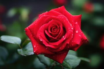 Close-up of a vibrant red rose with dew drops, nestled in a lush garden setting. Dew-Kissed Red Rose in Lush Garden