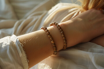 Spiritual bracelets on female hand, natural colors and textures - obrazy, fototapety, plakaty