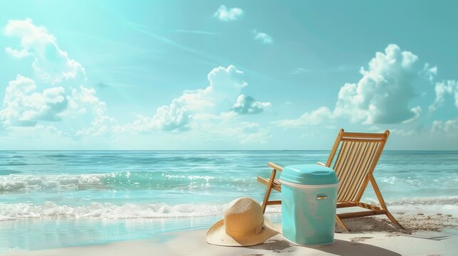 calming beaches picture with an ice box, beach chair, and sun hat