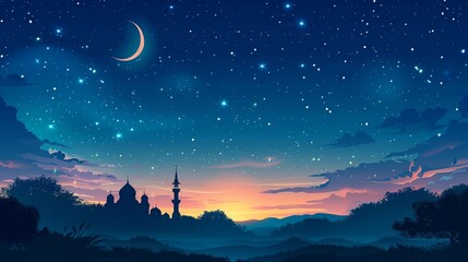 The holy month of Ramadan, observed by Muslims with fasting, prayer, and reflection The crescent moon signals the start of this time of spiritual renewal - obrazy, fototapety, plakaty
