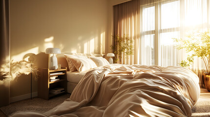 Warm Sunlight Bathing a Cozy Modern Bedroom Interior