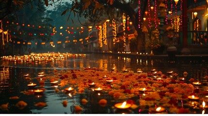 Fototapeta premium The celebration of Diwali, with candles and lights illuminating homes and streets, symbolizing the triumph of light over darkness Traditional decorations 