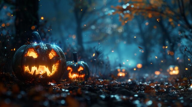 A spooky Halloween night scene with pumpkins glowing eerily in the autumn darkness Haunted decorations and costumes add to the festive fear, making it a night of thrilling tales and sweet treats