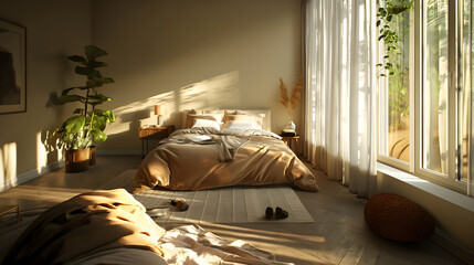 Serene Bedroom with Natural Light and Lush Plants