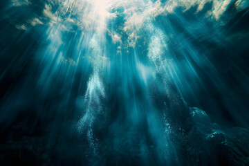 Fototapeta na wymiar Mysterious Underwater Seascape with Rays of Light Penetrating the Depth