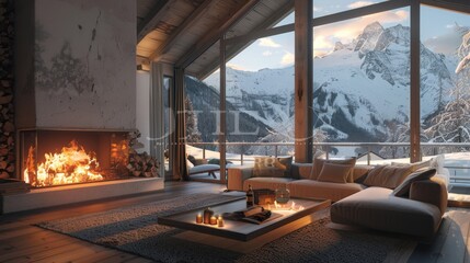 Cozy swiss alps chalet interior with fireplace, snowy landscape view, warm wood furnishings