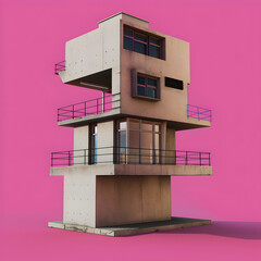 A tall building with a pink background. The building is made of concrete and has a modern design
