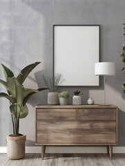 Modern Wooden Sideboard with Decorative Vases and Framed Mirror