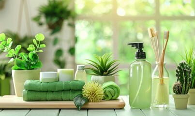 Eco-friendly cleaning products in bathroom - obrazy, fototapety, plakaty