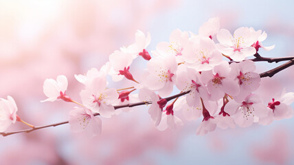  Delicate pink cherry blossoms dreamy, soft focus against a gentle, ethereal background, evoking the beauty of spring copy space banner mockup.