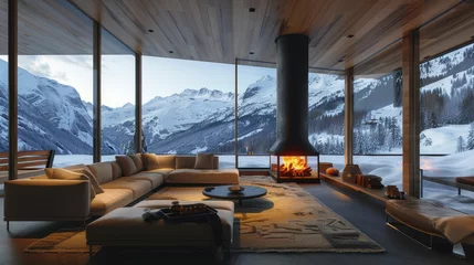 Fototapeten Cozy chalet interior in swiss alps  fireplace, wooden furniture, warm lighting, snowy landscape view © RECARTFRAME CH