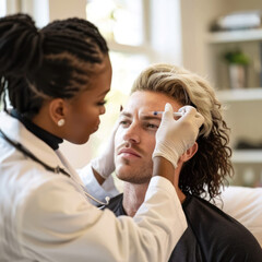 A focused medical worker is administering a cosmetic injection on a young male's forehead, emphasizing healthcare services