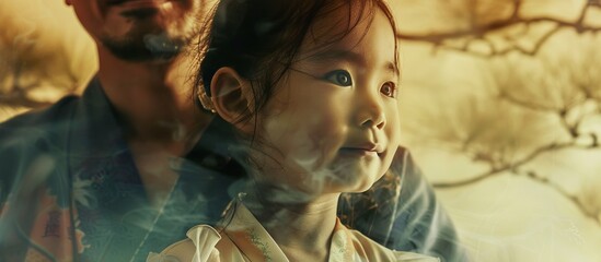 A man and a little girl looking at something - obrazy, fototapety, plakaty