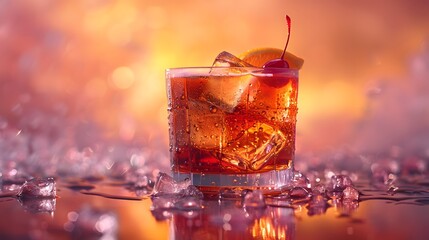 a classic old-fashioned on a deep amber background, with a twist of orange peel and a maraschino cherry, in breathtaking 8k resolution. - obrazy, fototapety, plakaty