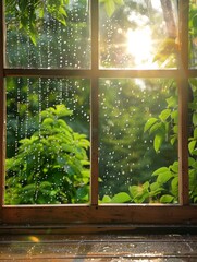 Sparkling raindrops cling to a clear window, beyond which lies a vibrant green landscape, touched by a sunbeam creating a refreshing vista.