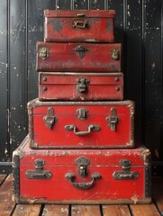 Red suitcases neatly stacked on wooden floor
