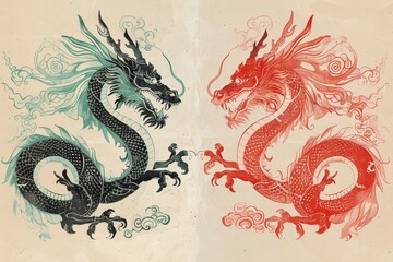 A dual portrayal of dragons illustration in traditional Asian culture red green color