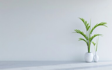 Pristine white vases holding fresh green plants stand out against a clean white wall, embodying minimalist elegance.