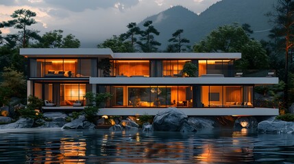 a contemporary waterfront retreat, its expansive glass windows and minimalist design framing panoramic views of the serene natural surroundings, in cinematic 8k resolution. - obrazy, fototapety, plakaty