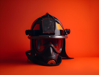 A fireman's helmet is on a red background. The helmet is black and orange