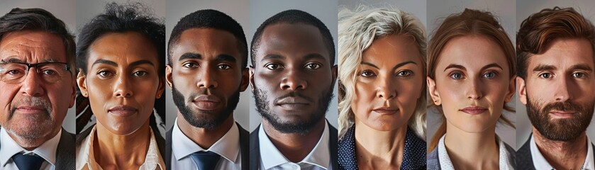 Image of a diverse assembly of business professionals, varying in age and ethnicity, captured in a collage of focused and serious portraits, symbolizing inclusivity and professionalism.