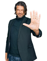 Naklejka premium Middle age handsome man wearing business clothes showing and pointing up with fingers number five while smiling confident and happy.
