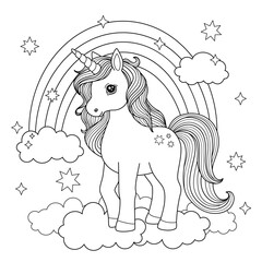 Outline of beautiful cartoon unicorn among rainbow clouds stars. Cute horse coloring book for kids, sketch, black lines on white. Simple vector illustration. © kat