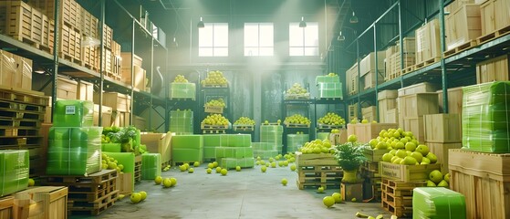 A cluttered warehouse filled with lime green recalled goods in cardboard boxes wood pallets and containers. Concept Warehouse, Recalled Goods, Lime Green, Cardboard Boxes, Wood Pallets