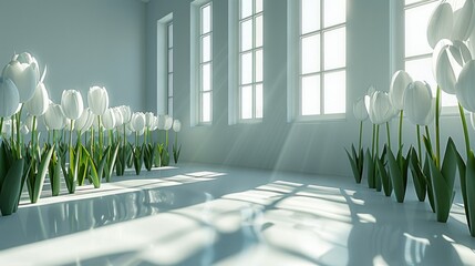 A plethora of white tulips gracefully bloom in a serene room, casting a peaceful and elegant ambiance.
