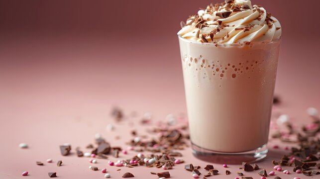 a creamy milkshake on a soft pastel pink background, with a dollop of whipped cream and a sprinkle of chocolate shavings, in stunning 8k full ultra HD.