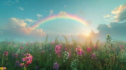 Obraz na płótnie Canvas A rainbow arching over a field of wildflowers