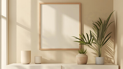 Fototapeta na wymiar Minimalist Interior Design with Empty Frame and Indoor Plants