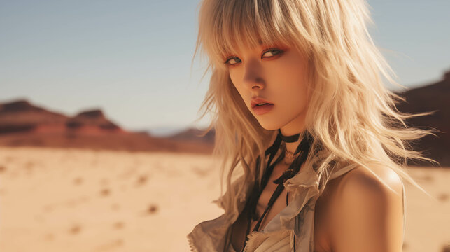 Fantasy image of a beautiful female character Fantasy anime style With the background being a desert area.